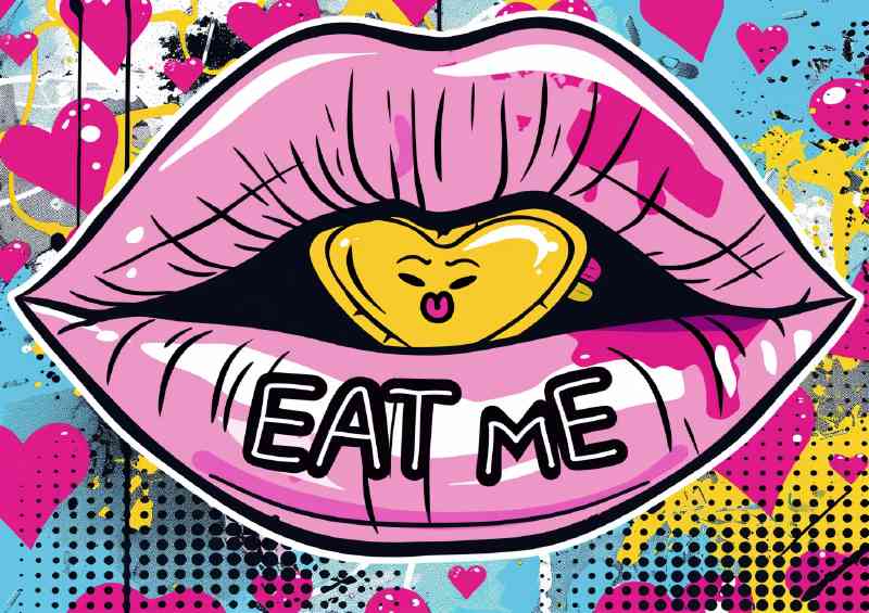 A pop art style cartoon of pink lips with EAT ME