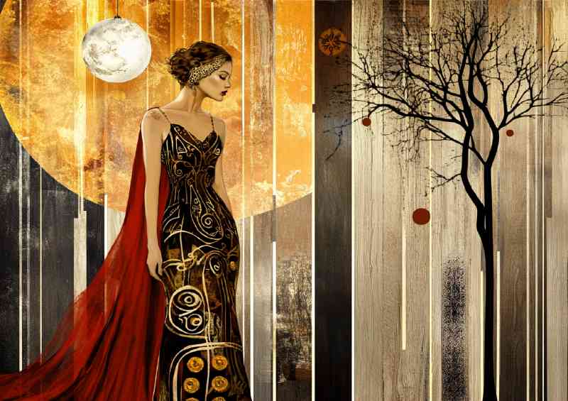 Abstract lady in lung red sweeping dress
