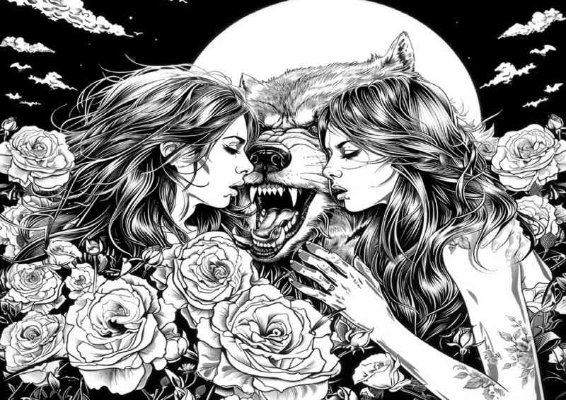 Black and white inked wolf and ladys