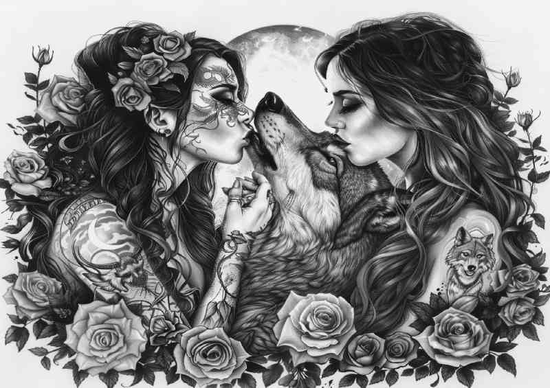 Black and white ladys inked wolf with roses | Metal Poster