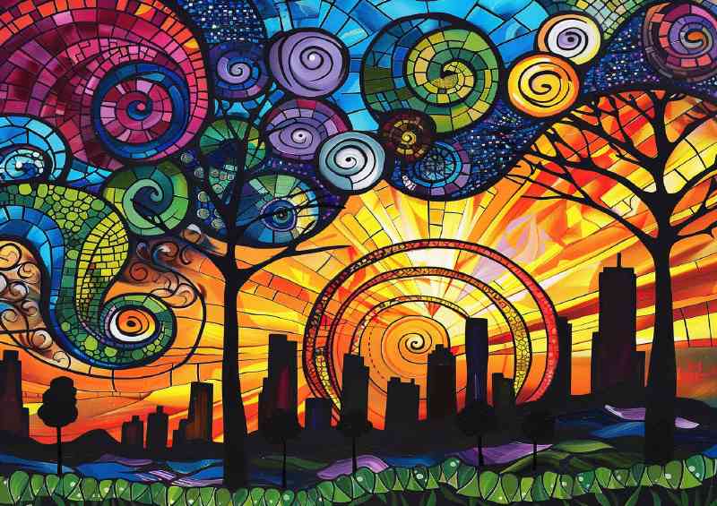 City skyline at sunset with tall buildings