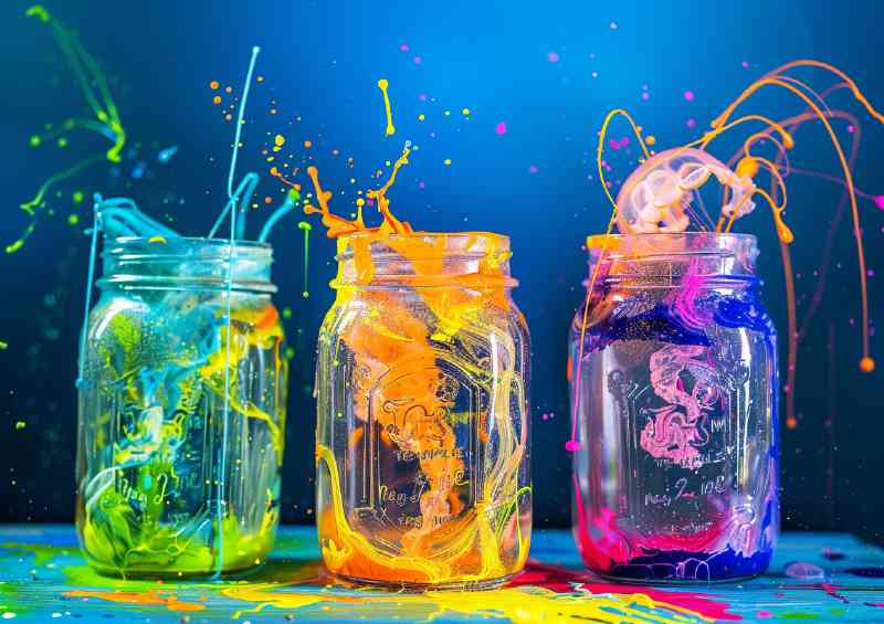 Colorful jars with jellyfish floating inside splashing