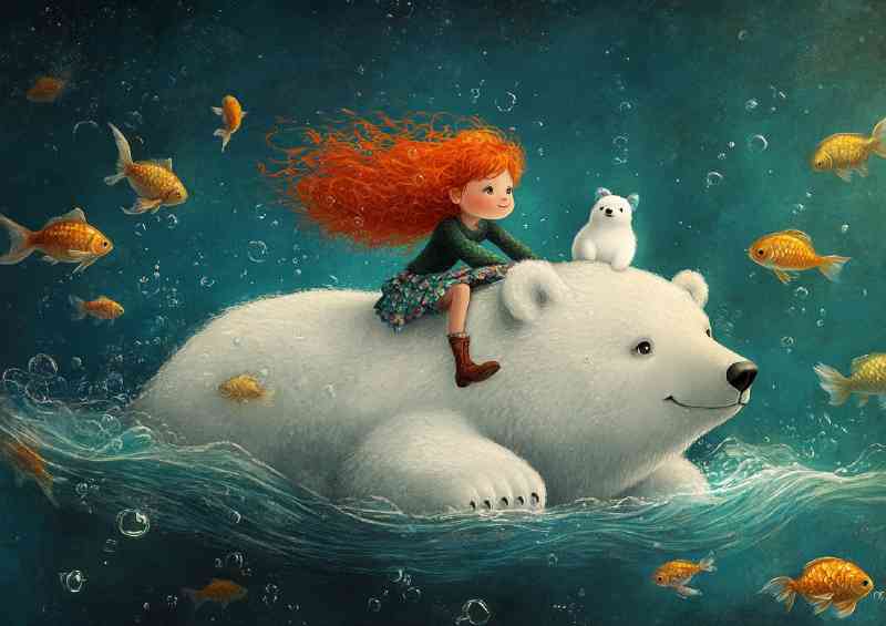 Cute polar bear swimming with fish and red haird girl on back