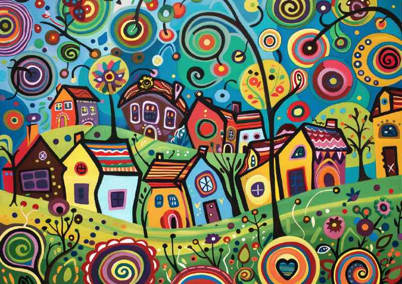 Idyllic town and painted swirls for trees