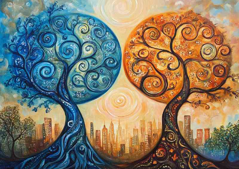 Orange and blue ying and yang trees