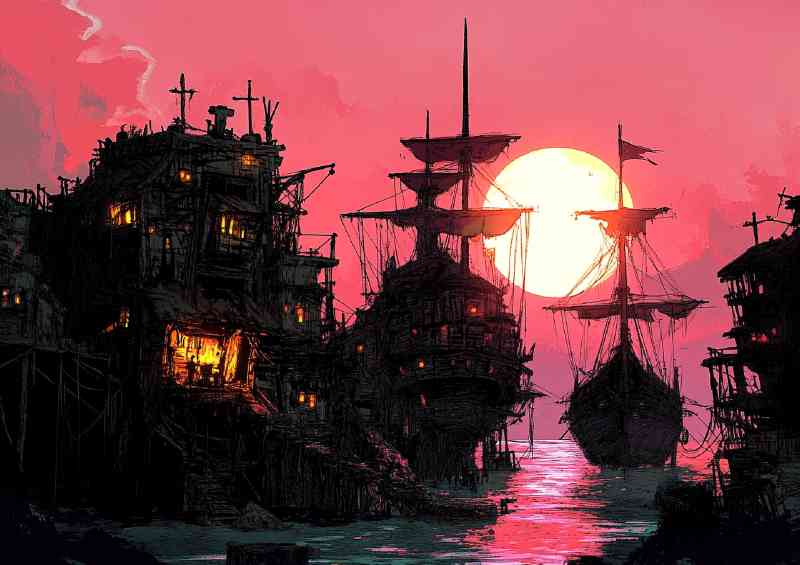 Pink sunset pirate ship docking