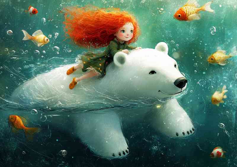 Polar bear swimming with red haird girl