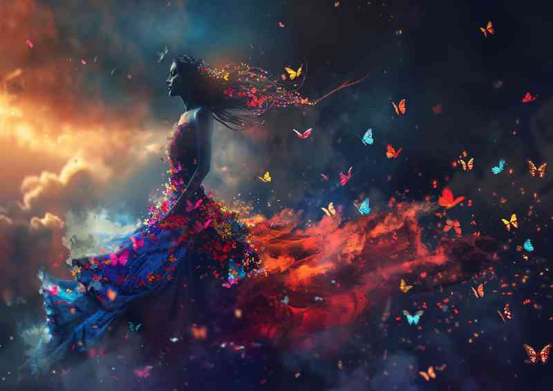 Powerful lady surrounded by many butterflies