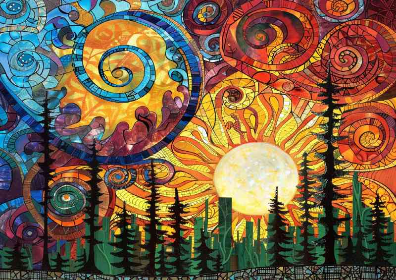 Sunset in the sky with green tall trees