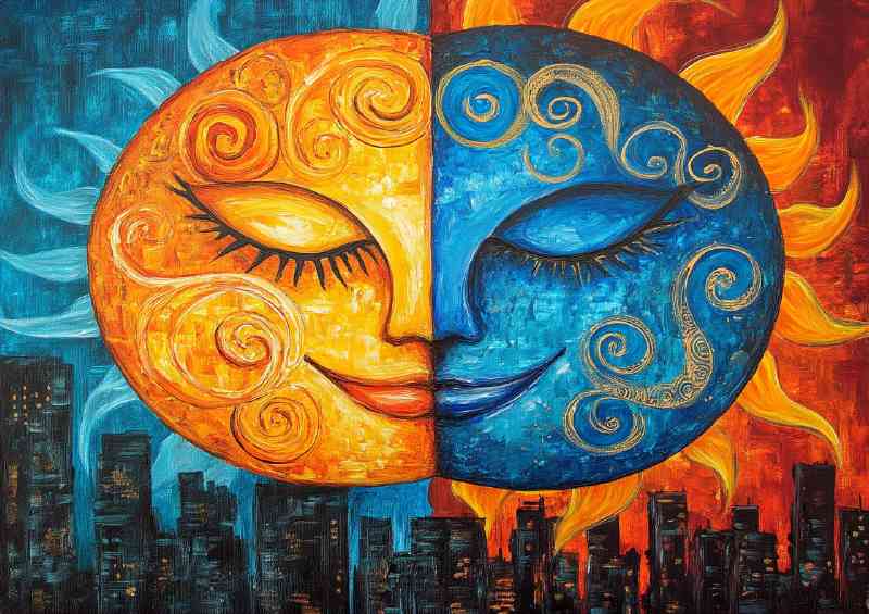 Two suns orange and blue with swirls