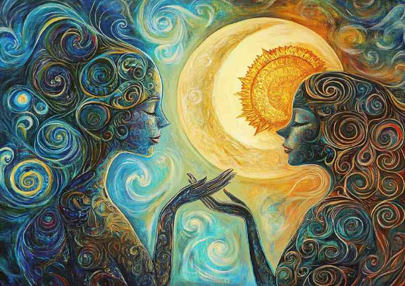 Two women reaching towards each other the moon