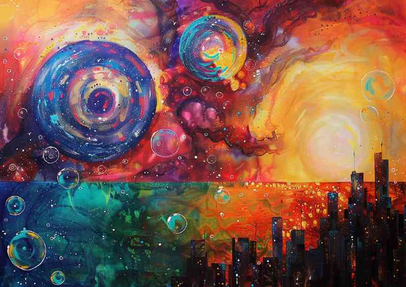 Village with tall building in a abstract painting