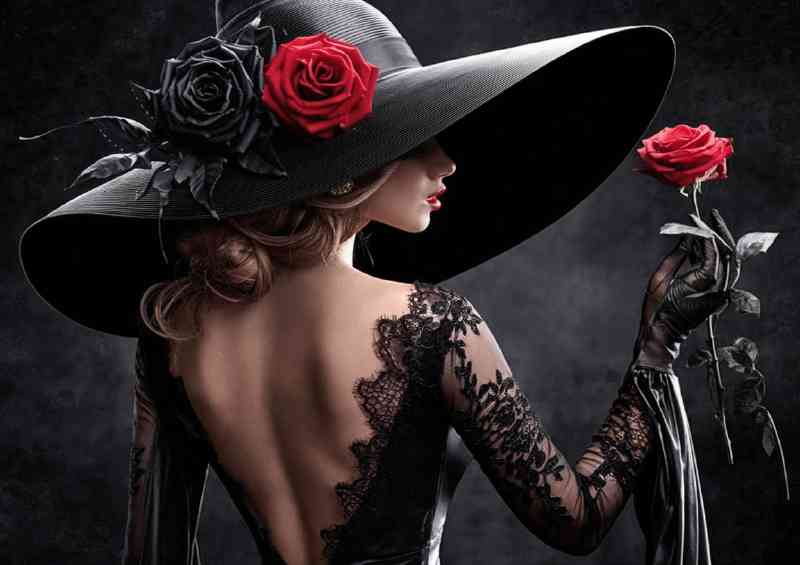 Lady with the large black hat and red rose