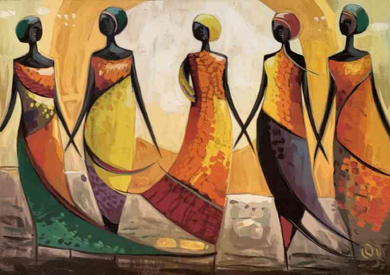 Painting of five ladys in the sun walking