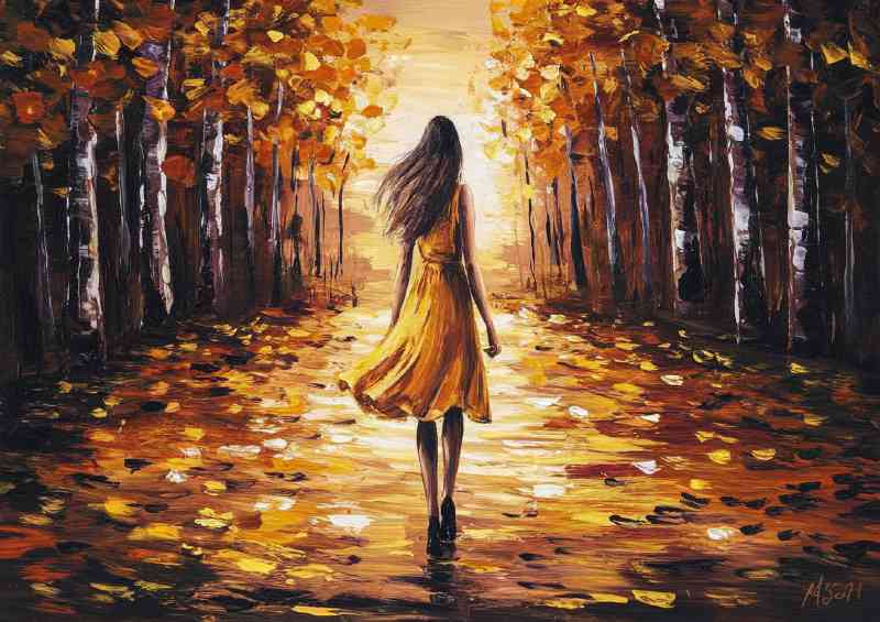 Pallet knife painting woman walking in autumn | Metal Poster