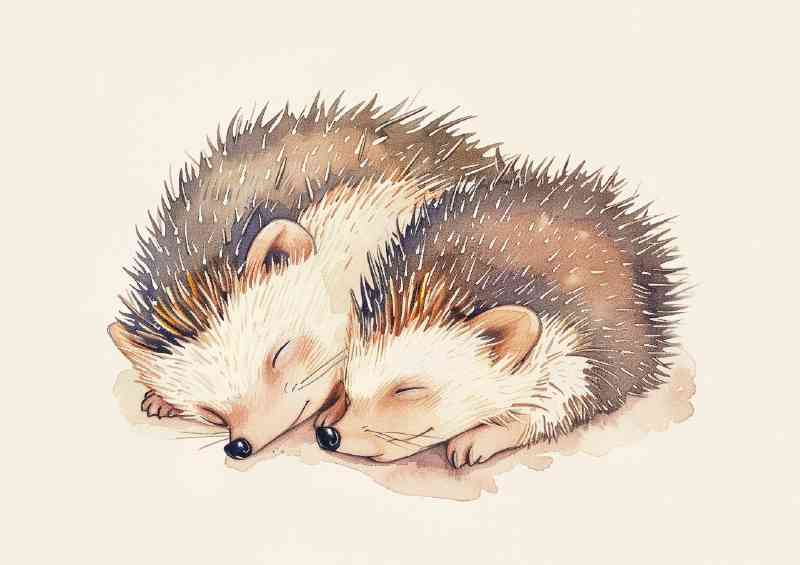Cute hedgehogs curled up snuggling