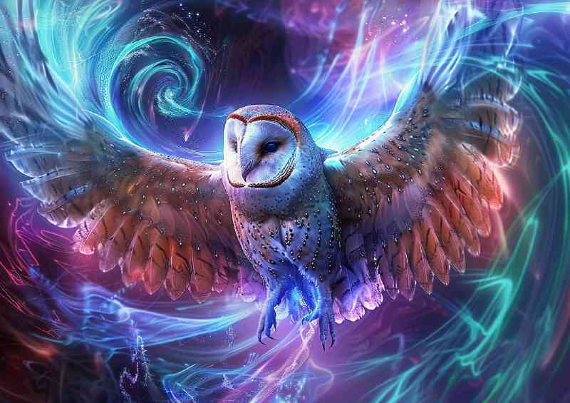 Beautiful owl with large wings swirly winds