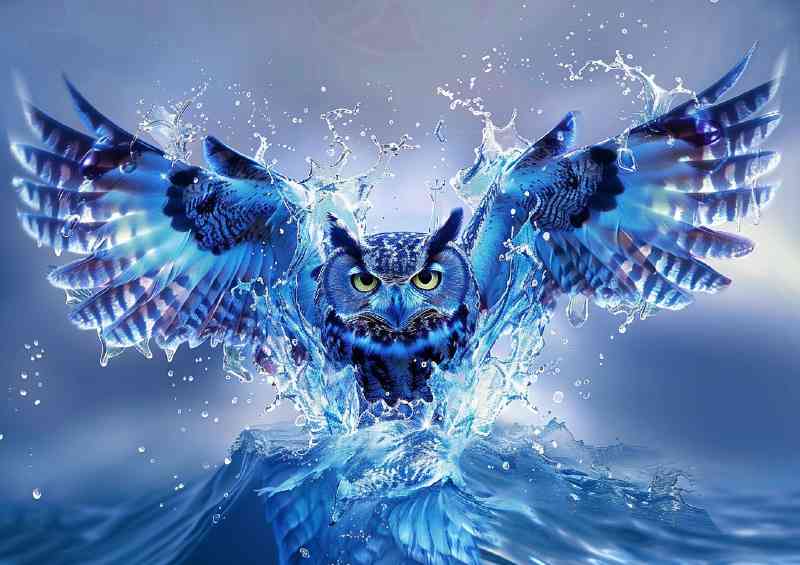 Beautiful owl with wings made of water and waves