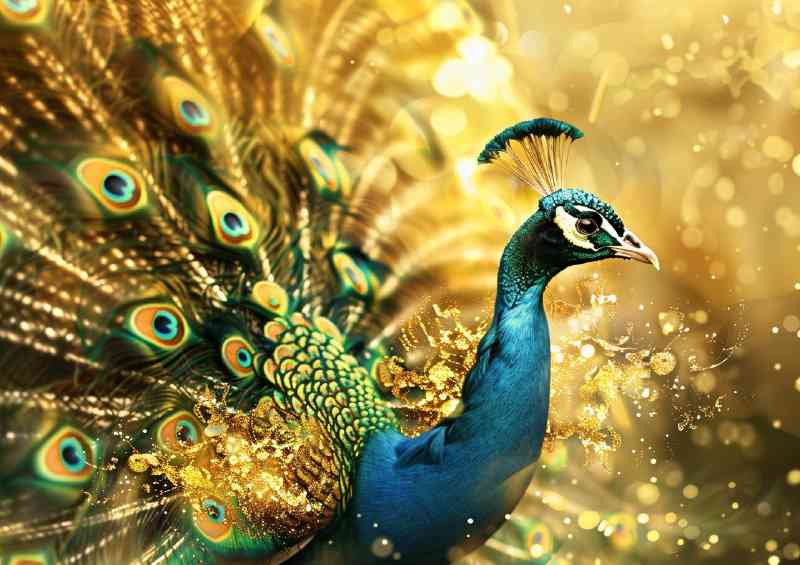 Beautiful peacock with feathers that look like waves of gold