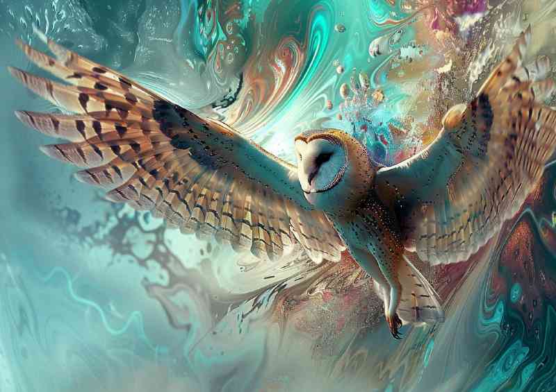 Owl with transparent wings is flying through the waves