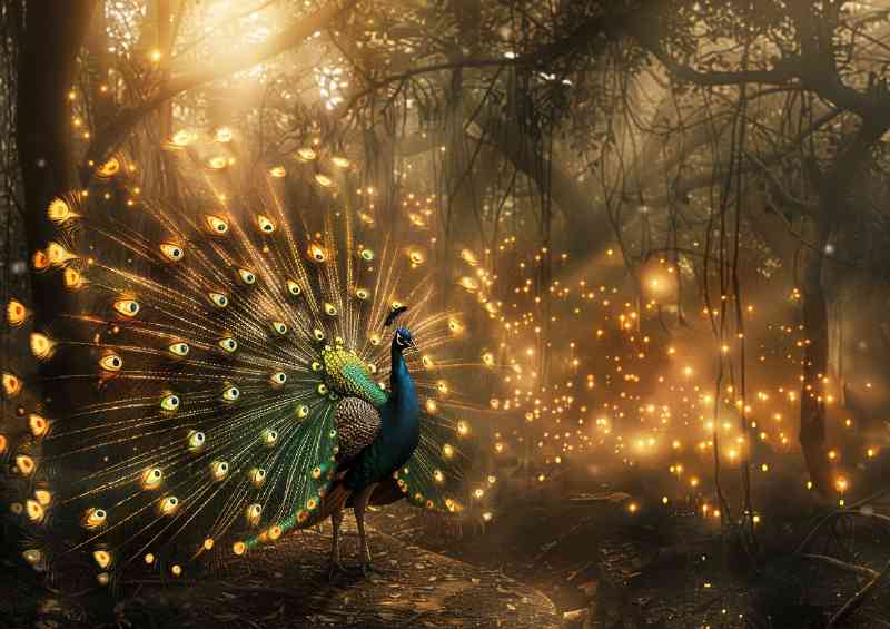 Peacock golden feathers in display