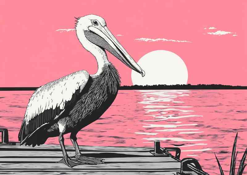 Pelican on a wooden dock pink sky