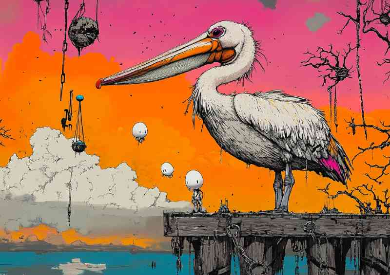 Pelican standing on the bay wood
