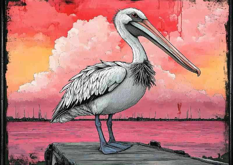 Pelican standing on the old wooden dock