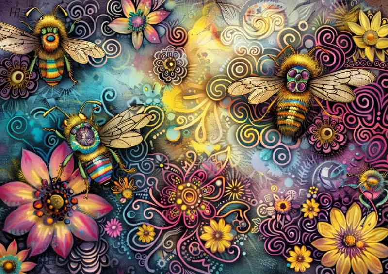 Bees happy cartoon flowers style
