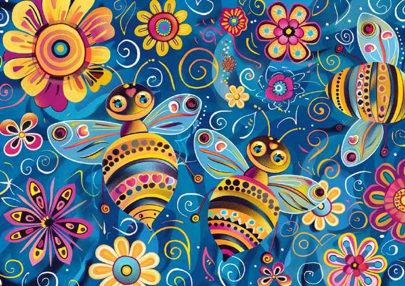 Cartoon happy bees flying