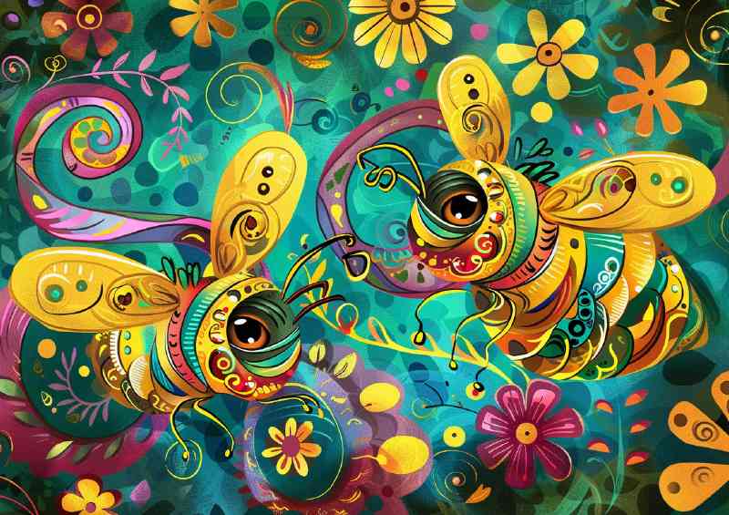 Cartoon happy bees flying around the flowers