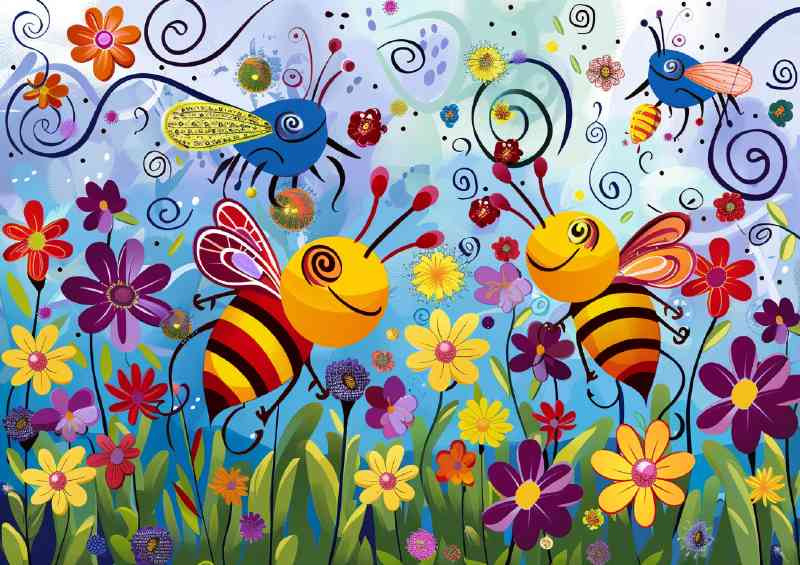 Colourful cartoon happy bees in flowers