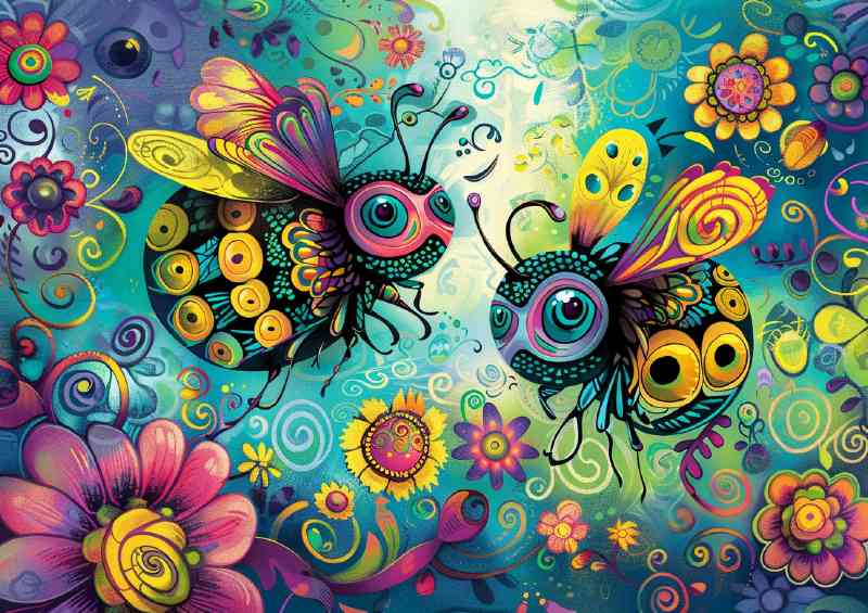Colourful whimsical happy bees