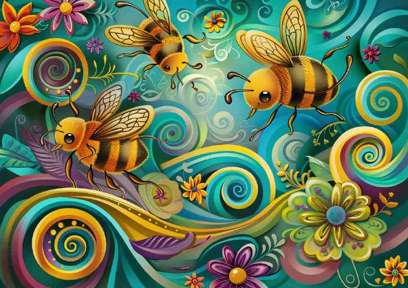 Colourfull happy bees whimsical