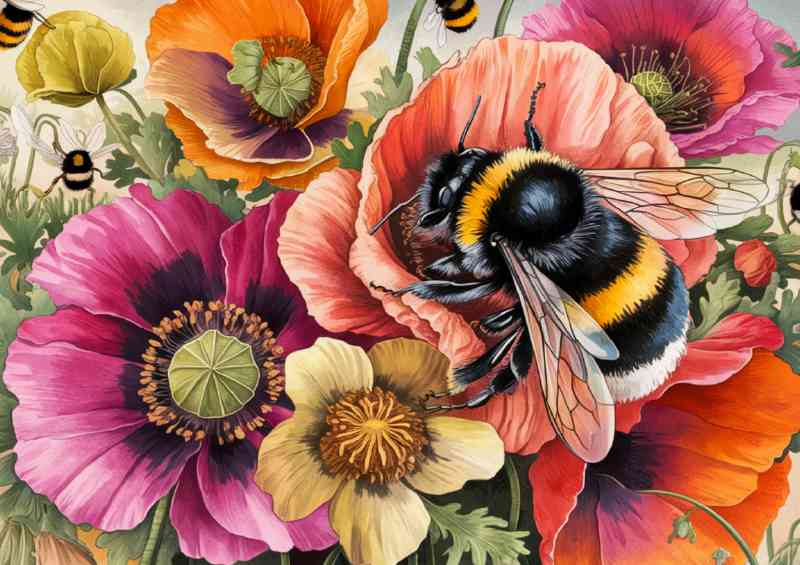 Detailed illustration of various flowers and a bee