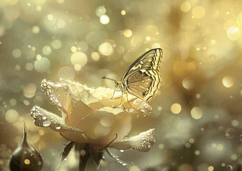 Golden rose with water droplets a butterfly sitting