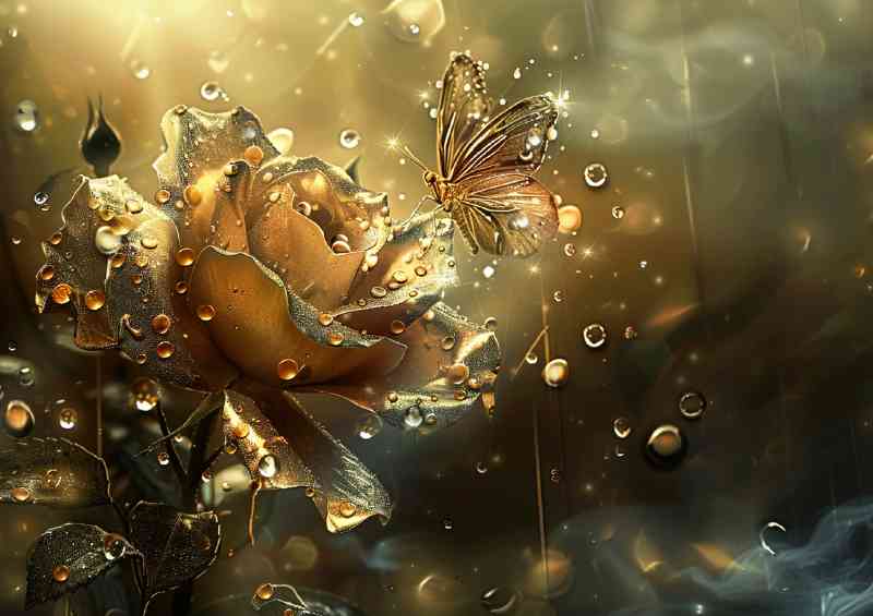 Golden rose with water droplets elegant