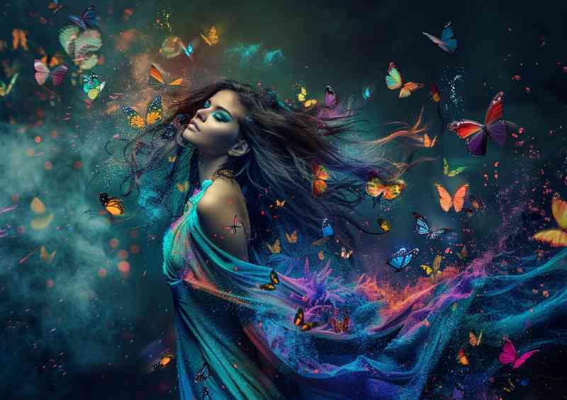 Lady surrounded by butterfiles flying