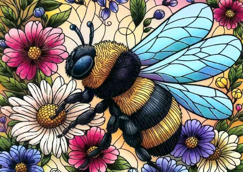 Vibrant and intricately designed illustration of bumble bee
