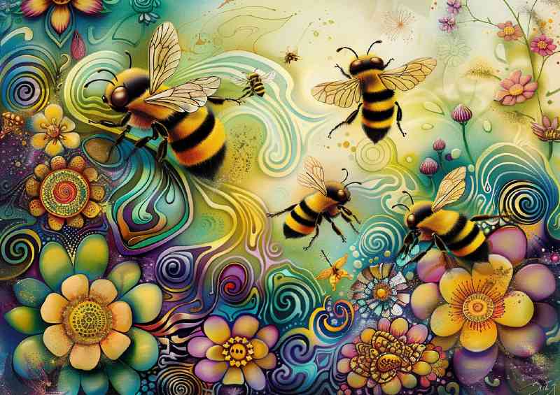 Vibrant cartoon happy bees and flowers