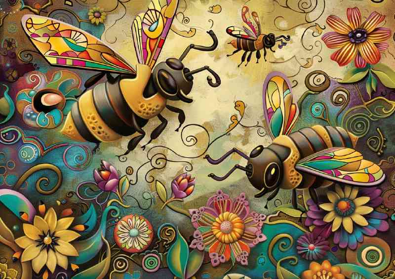 Vibrant happy bees in cartoon style