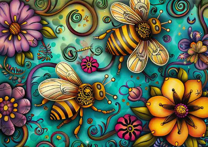 Vibrant whimsical cartoon bees