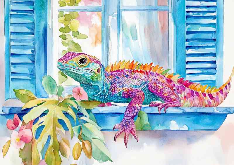 Watercolour colourful lizzard basking