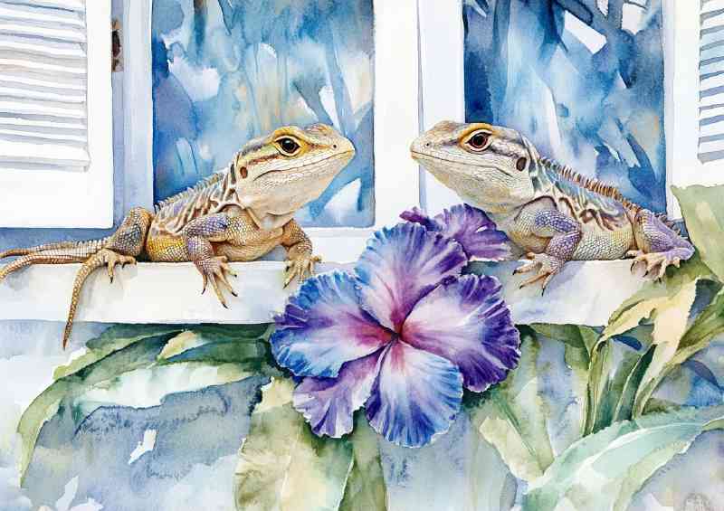 Watercolour lizzards with flowers