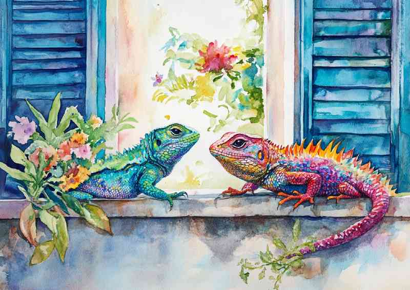 Watercolour of two colourful lizzards