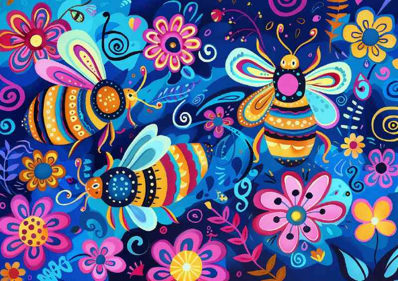Whimsical cartoon happy bees