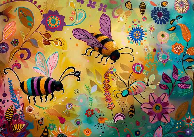 Whimsical happy bees flying around flowers