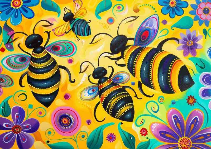 Whimsical happy bees with flowers