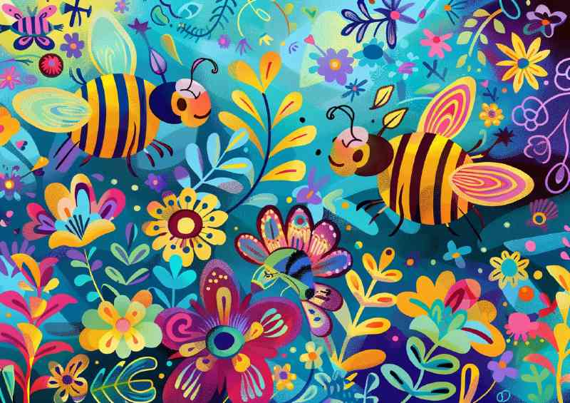 Whimsical happy little bees in summer