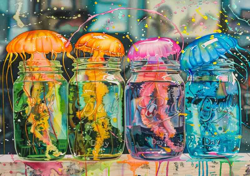 Colorful jellyfish floating in mason jars with splash